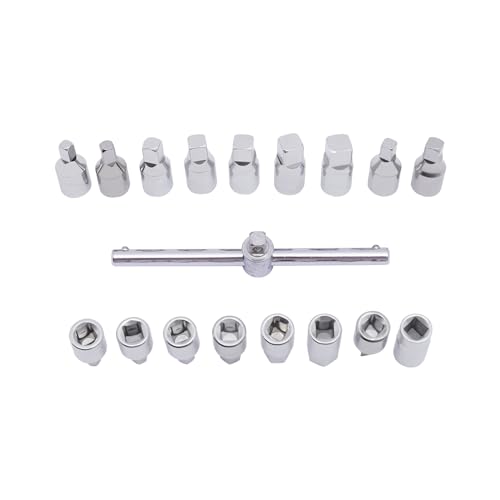 18PCS Oil Drain Sump Plug Key Set, 3/8'' Drive Removal Tool Kit with Sliding Bar, Oil Drain Plug Key