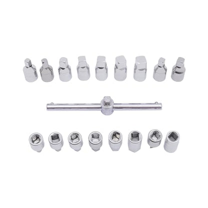 18PCS Oil Drain Sump Plug Key Set, 3/8'' Drive Removal Tool Kit with Sliding Bar, Oil Drain Plug Key