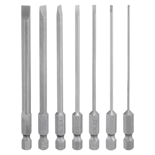 HARFINGTON 7pcs Slotted Screwdriver Bit Set SL1.6/SL2.0/SL2.5/SL3.0/SL4.0/SL5.0/SL6.0 S2 Steel 1/4" Hex Shank 4" Length Magnetic Flat Head Power Drill Bits