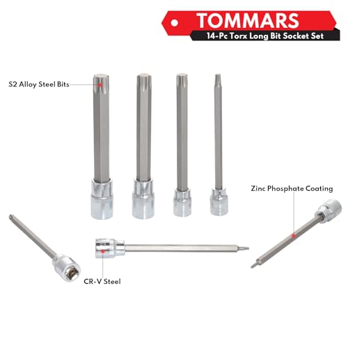 TOMMARS 14-PC Long Torx Bit Socket Set | T10, T15, T20, T25, T27, T30, T35, T40, T45, T47, T50, T55, T60, T70, 3/8", 1/2" Drive, S2 Alloy Steel - style: Long Torx Bit Socket Set