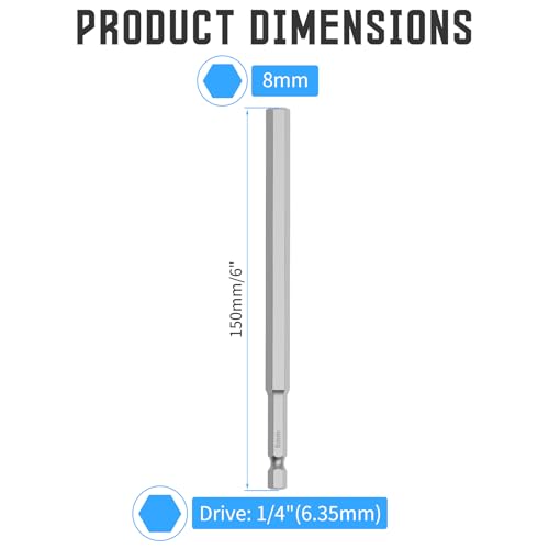 5 Pcs H8 S2 Steel Hex Bit, 8mm, 150mm Length, 1/4" Shank | Magnetic Hex Allen Wrench Screwdriver Bit, 1/4" Hex Shank, Impact Driver Bit for Furniture, Auto Repair & DIY - size: H8, style: 150mm