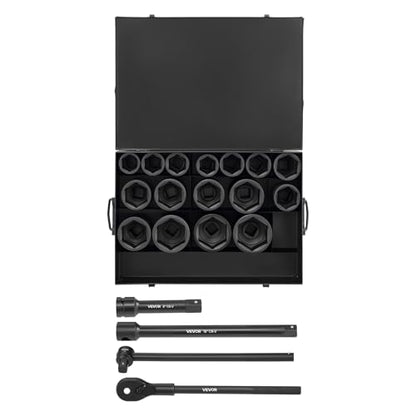 VEVOR 1 in Drive Impact Socket Set, 21 Piece, 6 Point Shallow Impact Sockets, SAE (1-5/8 in to 3-1/8 in), with 8 in & 18 in Extension Bars, 24 in Ratchet, Cr-V Steel, Size Marking, and Carrying Case - style: 1" 21 PCS