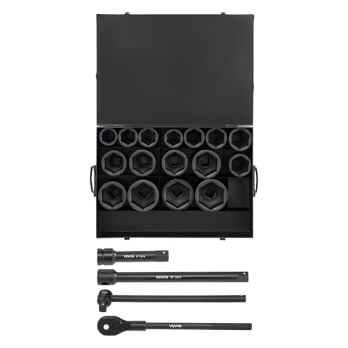 VEVOR 1 in Drive Impact Socket Set, 21 Piece, 6 Point Shallow Impact Sockets, SAE (1-5/8 in to 3-1/8 in), with 8 in & 18 in Extension Bars, 24 in Ratchet, Cr-V Steel, Size Marking, and Carrying Case - style: 1" 21 PCS