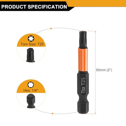 HARFINGTON 3pcs T25 Torx Head Screwdriver Bit 2" (50mm) Long 1/4" Hex Shank Magnetic No Hole Tamper Proof 6 Point Star Screw Driver Drill Bits Phosphate S2 Steel Industrial Power Tools - size: T25 x 50mm
