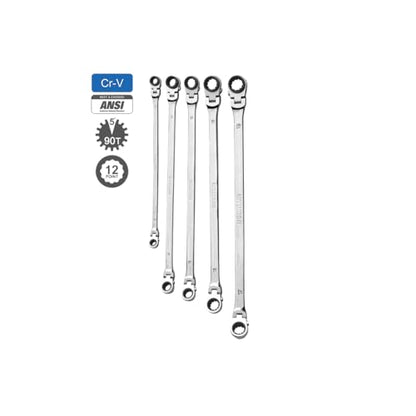 MOUNTAIN RM6, 5 Piece Metric Double Box Universal Spline Reversible Ratcheting Wrench Set, Extra Long Chrome Vanadium Steel, 90 Tooth, 4 Degree Swing Arc, Flexible Design for Hard to Reach Fasteners - size: 8mm-18mm