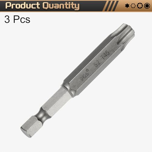 HARFINGTON 3pcs T45 Torx Head Screwdriver Bit 1/4" Hex Shank 2.6" (65mm) Long Magnetic No Hole Tip Tamper Proof 6 Point Star Screw Driver Drill Bits S2 Steel Industrial Power Screwdrivers - size: T45 x 2.6"(65mm)