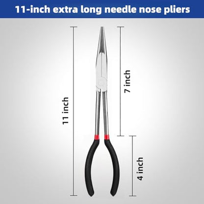 11-Inch Extra Long Needle Nose Pliers, Premium Heavy Duty Long Reach Needlenose Pliers, Non-Slip Grips, Ideal for Professionals Electrical and Hobbyists Alike