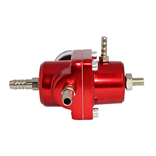 Universal Adjustable Fuel Pressure Regulator Kit with 0-140 PSI Gauge Aluminum Gas Oil Injection Pressure Regulator Red FPR - color: Red