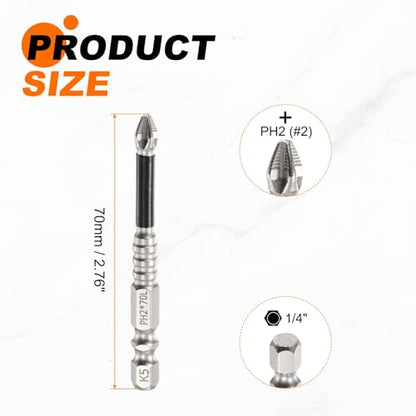 HARFINGTON 6pcs Impact Phillips Screwdriver Bit PH2 (#2) Anti Slip Tip 1/4" Hex Shank 2.76" (70mm) Long Magnetic Cross Screw Driver Industrial Power Drill Bits for Remove Fastening Screws - size: 2.76 inch