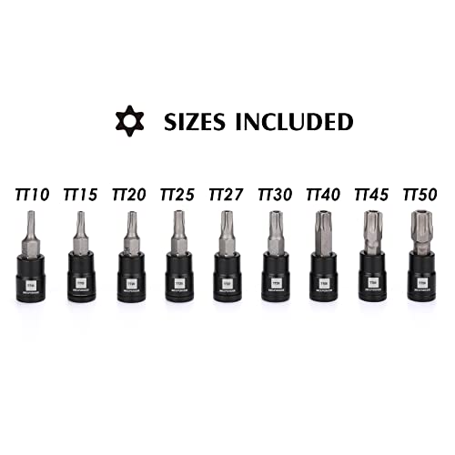 MIXPOWER 9 Pieces 1/4" Drive Torx Bit Socket Set, Tamper-Proof Torx Bit Sockets, CR-V Sockets & S2 Steel Bits, TT10 - TT50