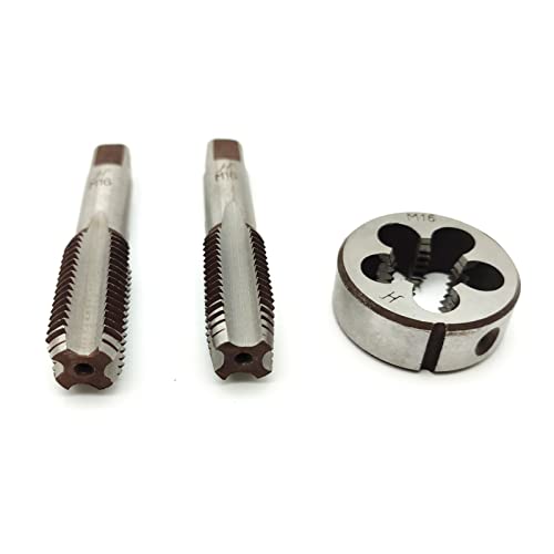 AtticZone M16 x 2.0 Metric Hand Thread Tap and Die Set, Right Hand 16 * 2.0, Alloy Tool Steel, 1 Taper Tap, 1 Plug Tap, 1 Round Die for Metal Working DIY Industrial - size: M16x2.0