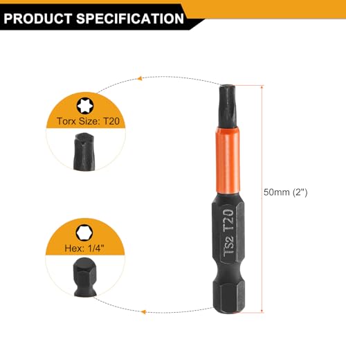 HARFINGTON 3pcs T20 Torx Head Screwdriver Bit 2" (50mm) Long 1/4" Hex Shank Magnetic No Hole Tamper Proof 6 Point Star Screw Driver Drill Bits Phosphate S2 Steel Industrial Power Tools - size: T20 x 50mm