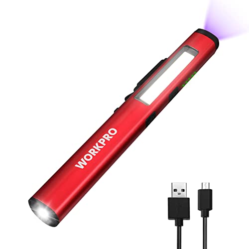 WORKPRO Rechargeable Pen Light, 450 Lumen LED Flashlight with UV Light | Dual Light Sources, Multifunctional Inspection Light, Mechanics Repair Tool, Outdoor Emergency Lighting - color: Red