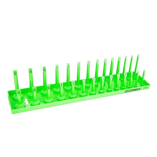 OEMTOOLS 22206 1/2" SAE Socket Tray Organizer, 28 Posts, 14 Sizes, Green Finish | Dual Rail System Socket Holder, Socket Tray with Labeled Posts, Holds 3/8" to 1-1/4", Socket Organizer for Tool Box Drawer - size: 1/2" SAE