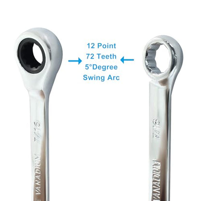7/16 Inch Ratcheting Wrench 2 Pcs 72-Tooth 12-Point Chrome Plated | Forged 45# Carbon Steel Durable, 5-Degree Arc For Tight Spaces, 12-Point Protects Fasteners, Polished Chrome Anti-Rust - size: 0.44 Inch
