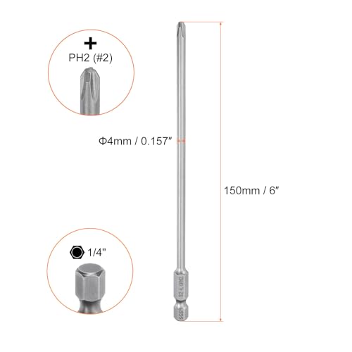 HARFINGTON 5pcs #2 Phillips Screwdriver Bit PH2 1/4" Hex Shank 6" (150mm) Long Magnetic S2 Steel Industrial Grade Screw Driver Bit Cross Head Electric Drill Bits 0.157" (4mm) Rod - size: PH2 x 150mm x 4mm