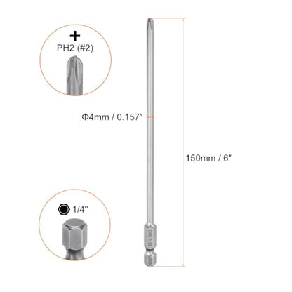 HARFINGTON 5pcs #2 Phillips Screwdriver Bit PH2 1/4" Hex Shank 6" (150mm) Long Magnetic S2 Steel Industrial Grade Screw Driver Bit Cross Head Electric Drill Bits 0.157" (4mm) Rod - size: PH2 x 150mm x 4mm