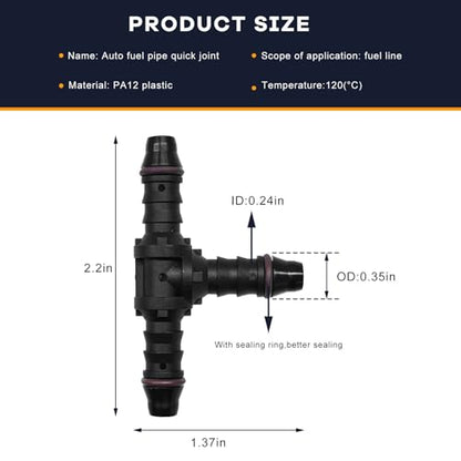 2 PCS Fuel Line Quick Connector, 1/4 ID 3 Way T Shape Splitter Nylon Tubing Fuel Line Connector, Bundy Female to Hose Barb Tee Fitting Quick Plugs for Most Vehicles - color: ID6, T Shape