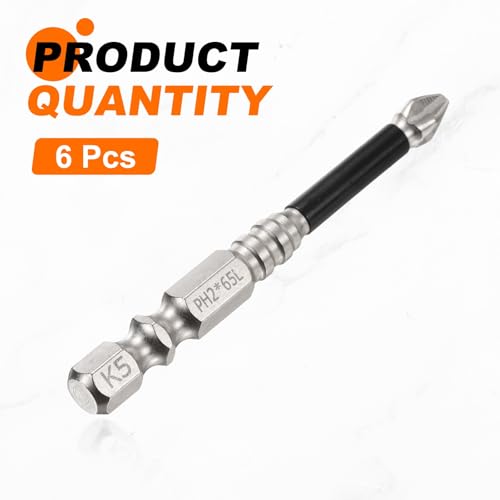 HARFINGTON 6pcs Impact Phillips Screwdriver Bit PH2 (#2) Anti Slip Tip 1/4" Hex Shank 2.56" (65mm) Long Magnetic Cross Screw Driver Industrial Power Drill Bits for Remove Fastening Screws - size: 2.56 inch