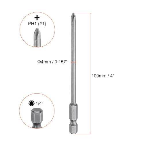 HARFINGTON 5pcs #1 Phillips Screwdriver Bit PH1 1/4" Hex Shank 4" (100mm) Long Magnetic S2 Steel Industrial Grade Screw Driver Bit Cross Head Electric Drill Bits 0.157" (4mm) Rod - size: PH1 x 100mm x 4mm