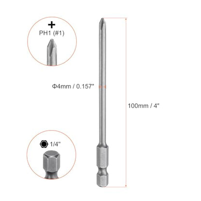 HARFINGTON 5pcs #1 Phillips Screwdriver Bit PH1 1/4" Hex Shank 4" (100mm) Long Magnetic S2 Steel Industrial Grade Screw Driver Bit Cross Head Electric Drill Bits 0.157" (4mm) Rod - size: PH1 x 100mm x 4mm