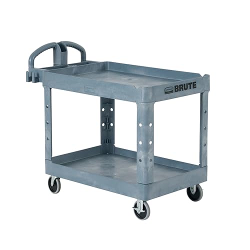 Rubbermaid Commercial Products BRUTE Heavy Duty 2-Shelf Utility/Service Cart, Large, Lipped Shelves, Ergonomic Handle, 750 lbs. Capacity, Black, for Warehouse/Garage/Cleaning/Maintenance/Stadiums - color: Gray, size: Large, style: 2-Shelf