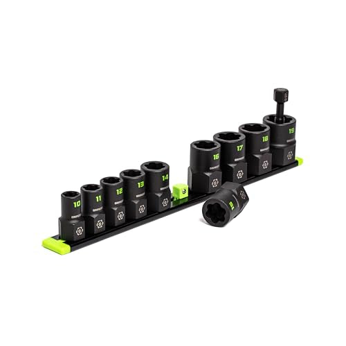 GRIPEDGE Tools | 10-PC – 3/8'' Drive Metric RPT Socket Extractor Set | Sizes 10 – 19 MM | Removes Broken Studs, Stripped Bolts and Lug Nuts | Includes Premium Aluminum Socket Rail|