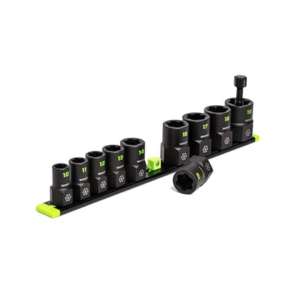 GRIPEDGE Tools | 10-PC – 3/8'' Drive Metric RPT Socket Extractor Set | Sizes 10 – 19 MM | Removes Broken Studs, Stripped Bolts and Lug Nuts | Includes Premium Aluminum Socket Rail|