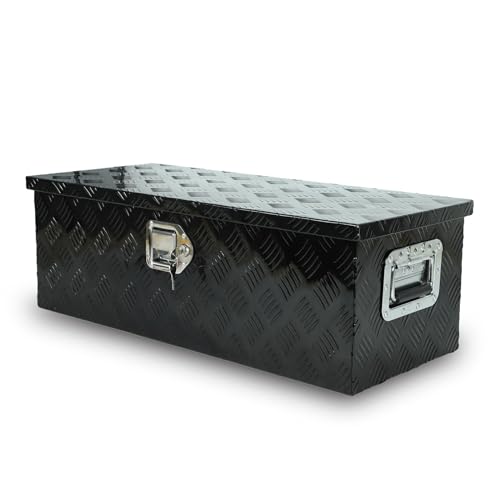 confote 30" Heavy Duty Aluminum Stripes Plated Tool Box Pick Up Truck Bed RV Trailer Toolbox Waterproof Square Storage Organizer with Side Handle, Lock with Keys -30"x 13"x 10"，Black - color: Black, size: 30"x 13"x 10"
