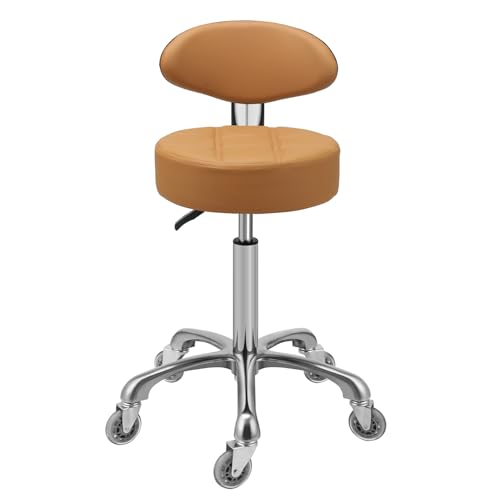 Kaleurrier Rolling Stool with Back Support: Adjustable Height 22-30 inches for Nail Lash Tech Stylist - Heavy Duty Stool Chair with Wheels for Salon Shop Office Kitchen Garage - color: Camel
