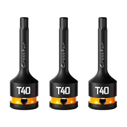 Crosstar 3pc T40 Impact Torx Bit Socket Set, 1/2" Drive Cr-Mo Steel, Long High Impact Star Sockets for Automotive & Heavy-Duty Use, Professional Mechanic Tools with Transparent Case - size: T40 (Long)