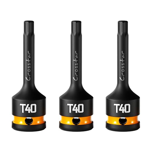 Crosstar 3pc T40 Impact Torx Bit Socket Set, 1/2" Drive Cr-Mo Steel, Long High Impact Star Sockets for Automotive & Heavy-Duty Use, Professional Mechanic Tools with Transparent Case - size: T40 (Long)