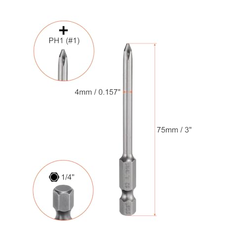 HARFINGTON 5pcs #1 Phillips Screwdriver Bit PH1 1/4" Hex Shank 3" (75mm) Long Magnetic S2 Steel Industrial Grade Screw Driver Bit Cross Head Electric Drill Bits 0.157" (4mm) Rod - size: PH1 x 75mm x 4mm