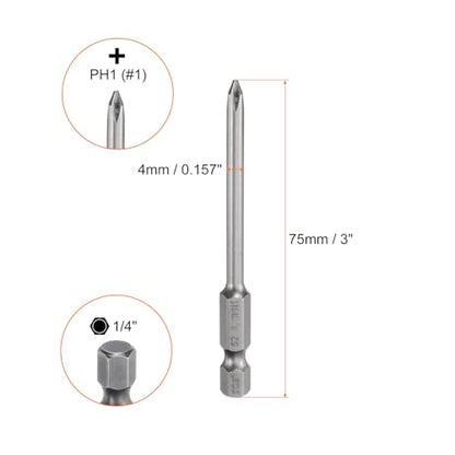 HARFINGTON 5pcs #1 Phillips Screwdriver Bit PH1 1/4" Hex Shank 3" (75mm) Long Magnetic S2 Steel Industrial Grade Screw Driver Bit Cross Head Electric Drill Bits 0.157" (4mm) Rod - size: PH1 x 75mm x 4mm