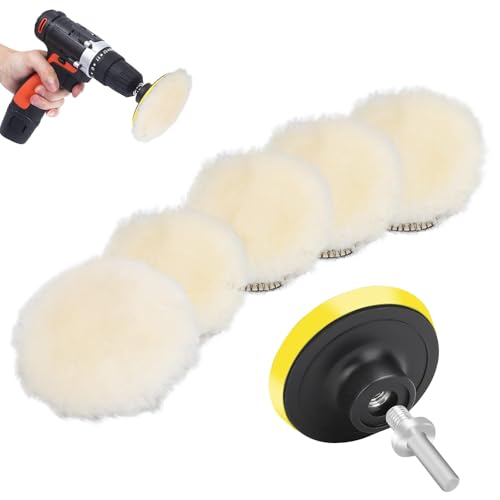 Linkstyle 7PCS 3 inch Wool Polishing Buffing Pad, Car Buffer Polisher Kit with Hook and Loop Back, for Drill Buffer Attachment with M10 Drill Adapter