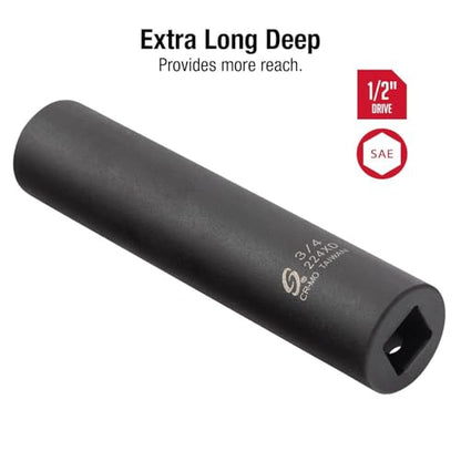 SUNEX TOOLS 224XD, 1/2 Inch Drive, 3/4 Inch Extra Long Deep, Impact Socket, Cr-Mo Alloy Steel, Radius Corner Design, Dual Size Markings