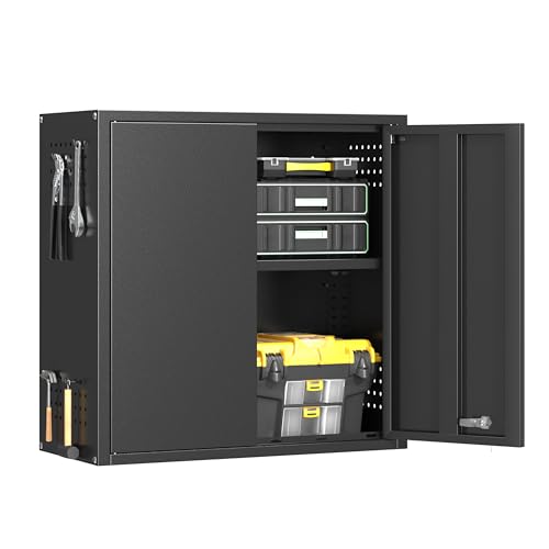 Metal Garage Wall Cabinet with 2 Doors and 1 Adjustable Shelf,Lockable Floating Tool Cabinet with Pegboard,Black Steel Storage Cabinet for Kitchen,Office,Garage,Laundry,Warehouse(Black, 26" H) - color: Black, size: 26"H Wall Cabinet(2-Door)