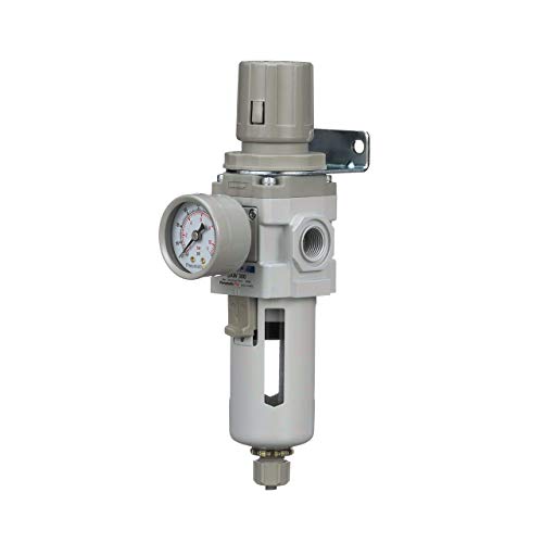 PneumaticPlus SAW300-N03BG Compressed Air Filter Regulator Piggyback Combo 3/8" NPT - Poly Bowl, Manual Drain, Bracket, Gauge - style: Poly Bowl - Manual Drain