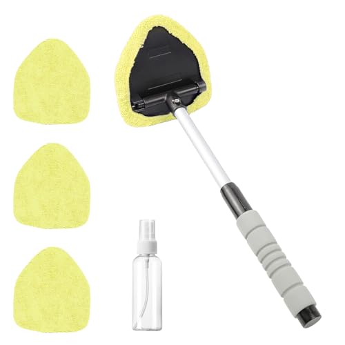 Wuyaoyao Car Windshield Cleaning Tool, Car Windshield Window Cleaner, Auto Window Glass Cleaning Kit with Extendable Handle & Reusable Microfiber Pad & Spray Bottle, Universal Car Accessories (Yellow) - color: Yellow