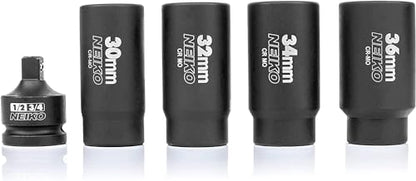 NEIKO 02530A 5 Piece 12 Point Socket Set 1/2” Drive, Lug Nut Remover, Spindle Nut Socket, Axle Nut Socket Set, Metric 30mm - 36mm Socket 1/2 Drive Impact Set, Cr-Mo Impact Adapter, 3/4" - 1/2” Reducer - size: 30-36 mm (5-Piece Set)