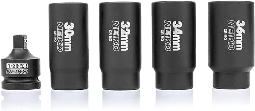 NEIKO 02530A 5 Piece 12 Point Socket Set 1/2” Drive, Lug Nut Remover, Spindle Nut Socket, Axle Nut Socket Set, Metric 30mm - 36mm Socket 1/2 Drive Impact Set, Cr-Mo Impact Adapter, 3/4" - 1/2” Reducer - size: 30-36 mm (5-Piece Set)