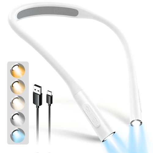 Glocusent Lightweight Neck Light for Reading in Bed, 1200mAh Rechargeable Book Light, Hands-Free Reading Light, 5 Colors, 5 Brightness Adjustable, Private Bedtime Reading for Book Lover - color: White