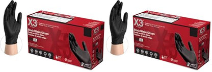X3 Black Gloves, Disposable, Latex Free, Nitrile, for Cooking, Food Prep, 3 Mil, Powder-Free, Sizes Small through XX-Large - size: Medium, style: Box of 100