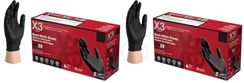 X3 Black Gloves, Disposable, Latex Free, Nitrile, for Cooking, Food Prep, 3 Mil, Powder-Free, Sizes Small through XX-Large - size: Large, style: Box of 100