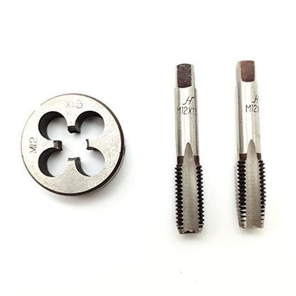 AtticZone M12 x 1.5 Metric Hand Thread Tap and Die Set, Right Hand 12 * 1.5, Alloy Tool Steel, 1 Taper Tap, 1 Plug Tap, 1 Round Die for Metal Working DIY Industrial - size: M12x1.5