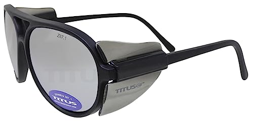 TITUS G35 Retro Aviator Z87 DOT ANSI CE Approved Safety Glasses | W/Protective Side Shields, UV400 Polycarbonate Lenses, Flexible Nylon Stems, Eye Protection, Sunglasses, Motorcycle, Shooting - color: Platinum Rev Mirror Over Smoke