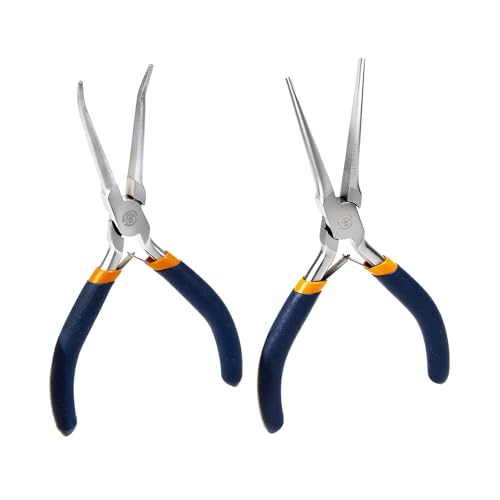MANUFORE 2-Piece 6 Inch Mini Needle Nose Pliers Set, Straight and 45° Bent | Non‑Serrated Smooth Jaw, Comfort Grip for Better Control, Spring-Assisted Opening Design, Suitable for small hands - color: Blue