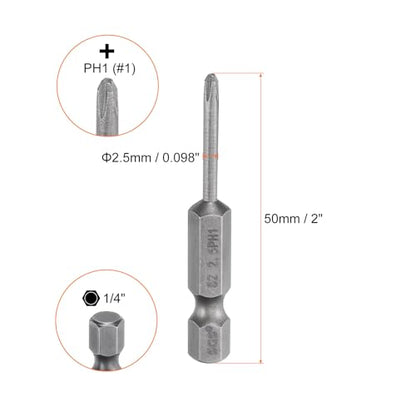 HARFINGTON 5pcs #1 Phillips Screwdriver Bit PH1 1/4" Hex Shank 2" (50mm) Long Magnetic S2 Steel Industrial Grade Screw Driver Bit Cross Head Electric Drill Bits 0.098" (2.5mm) Rod - size: PH1 x 50mm x 2.5mm