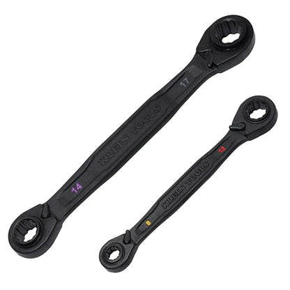 KLEIN TOOLS 68216M 4-in-1 Reversible Ratchet Wrenches Set, 2-Piece, Eight Metric Hex Sizes, 8mm x 10mm, 12mm x 13mm, 14mm x 15mm, and 17mm x 19mm Box Wrench Set, 90-Tooth Ratchet, Pass-Through Design
