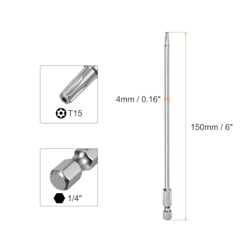 HARFINGTON 2pcs T15 Security Torx Bit 1/4" Hex Shank 6" Long S2 Steel Magnetic Tamper Resistant Star Bits Screwdriver Torx Head with Hole for Driver Drill Bits Remove Fastening Screws - size: T15